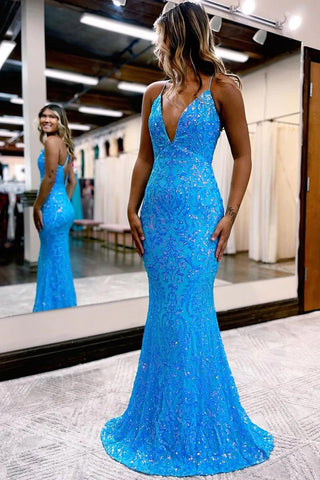 Cute Mermaid V Neck Blue Sequins Long Prom Dress VL122212