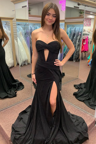 Cute Mermaid Sweetheart Keyhole Black Satin Prom Dress Evening Dress with Slit VL24121802