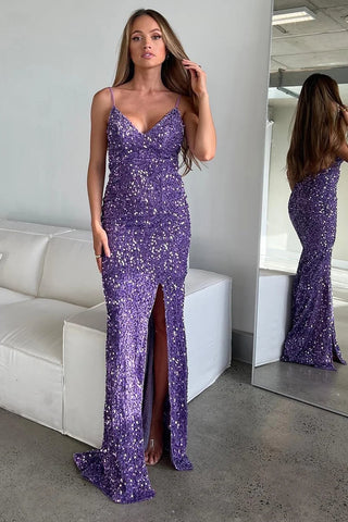 Sparkly Purple Sequins Mermaid Long Prom Dress With Slit VL011714