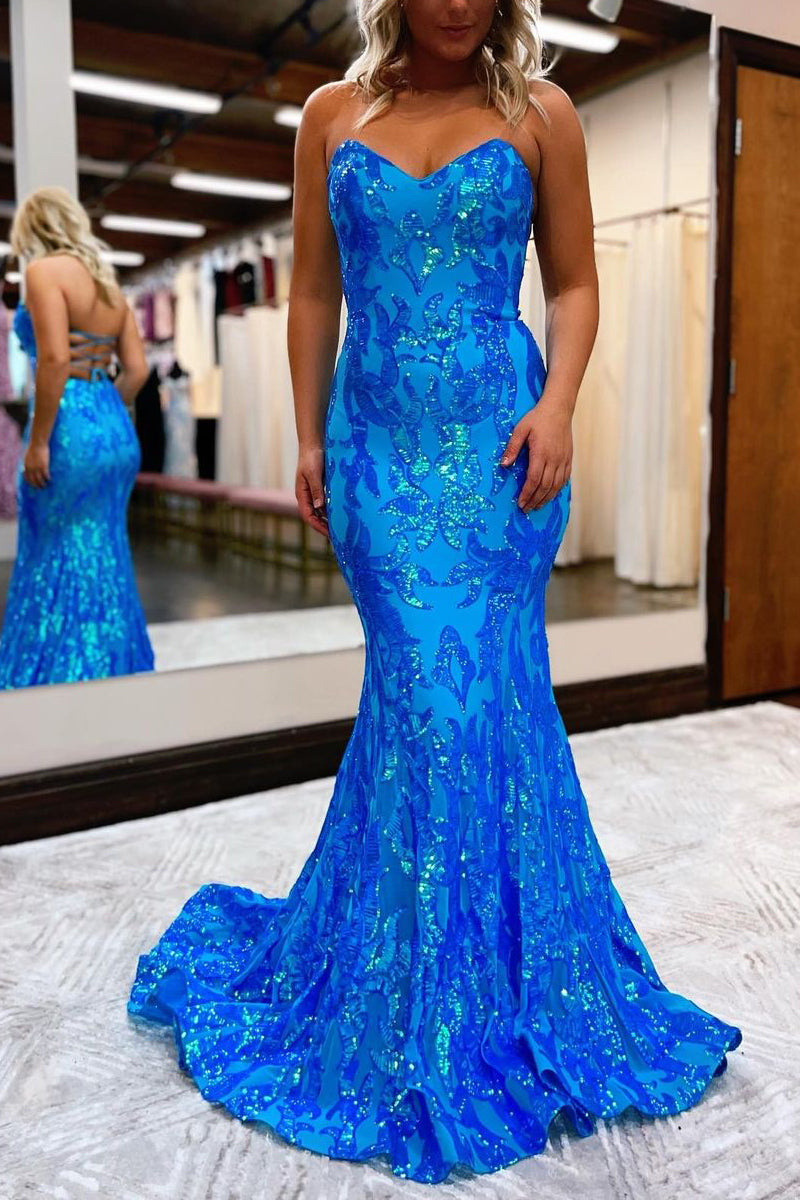 Cute Mermaid Sweetheart Blue Sequins Long Prom Dress VL122210