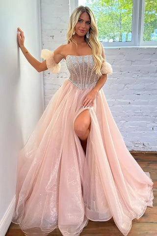 A Line Strapless Blush Corset Prom Dress with Beading Split Front VL011612