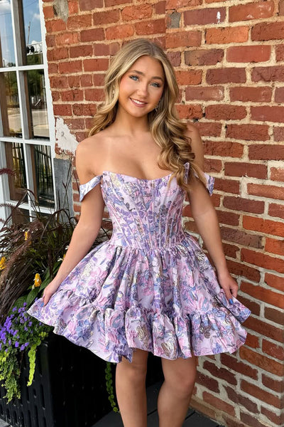 Cute A Line Scoop Neck Lavender Jacquard Homecoming Dress VL1081202