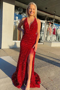 Mermaid Deep V Neck Red Sequins Long Prom Dress with Open Back VL011411