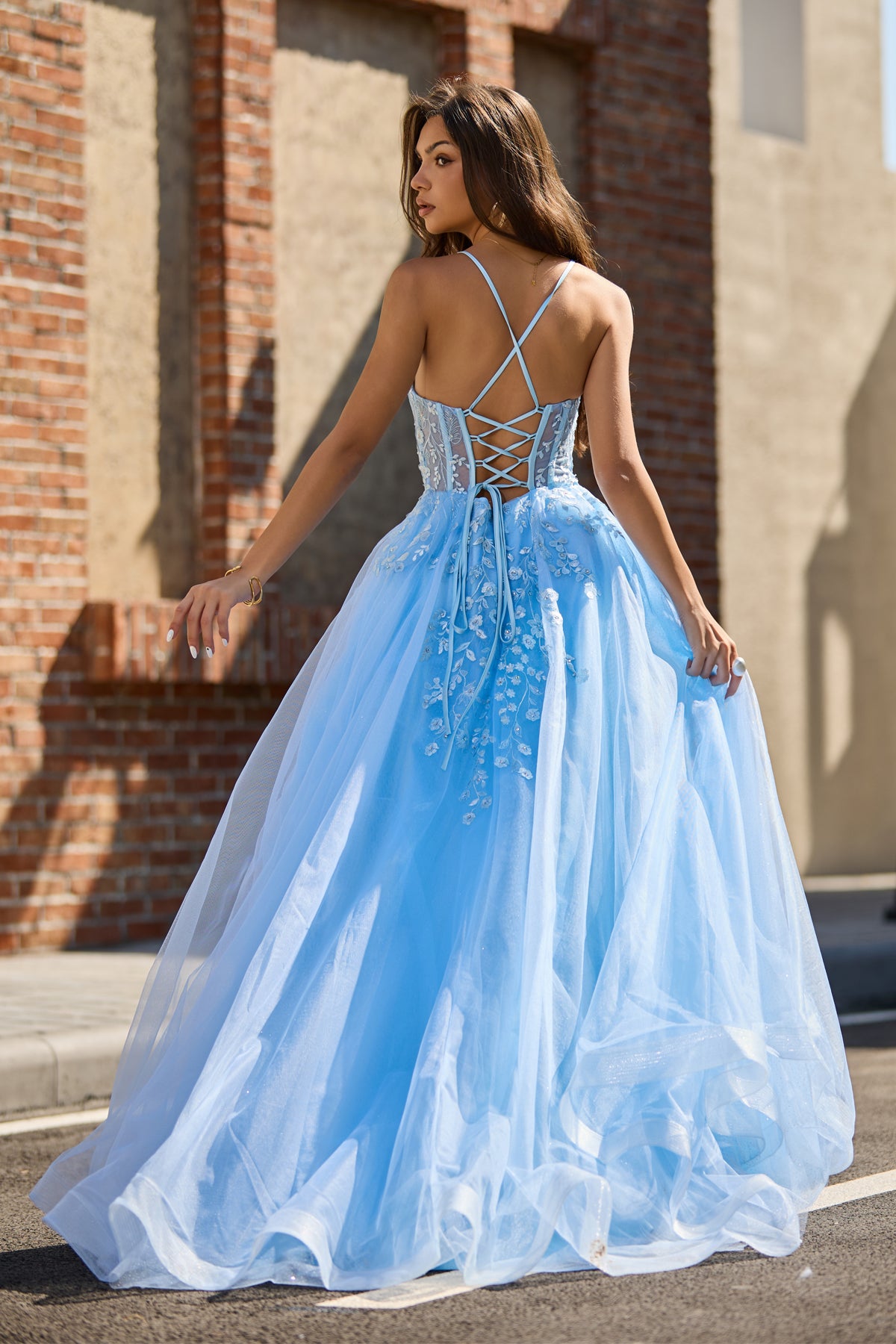 A Line V Neck Light Blue Tulle Slit Prom Dress with Appliques