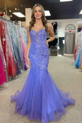 Gorgeous Mermaid Spaghetti Straps Lilac Long Prom Dress with Appliques VL011705