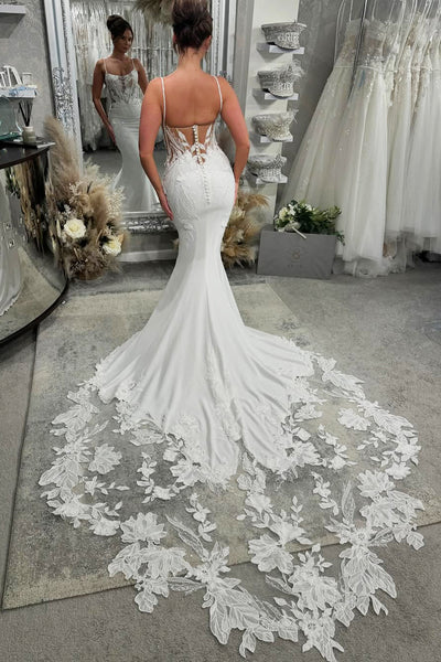 Elegant Mermaid Scoop Neck Long Wedding Dress with Appliques VL25010206