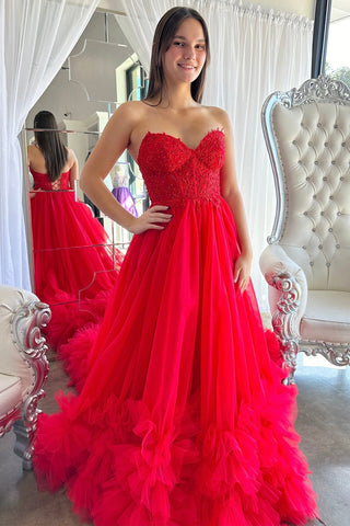 Cute Ball Gown Sweetheart Red Tiered Tulle Prom Dress VL122706