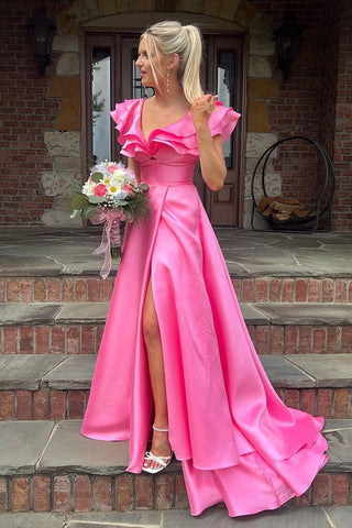 Cute A Line V Neck Pink Satin Long Prom Dress with Tiered Sleeves VL122322