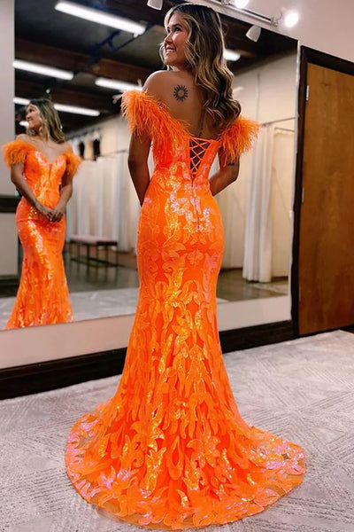 Mermaid Off the Shoulder Orange Long Prom Dress with Feathers VL011235