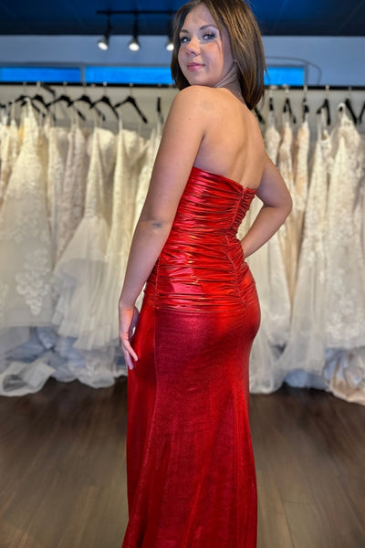 Charming Mermaid Sweetheart Red Satin Slit Prom Dresses VL24120904