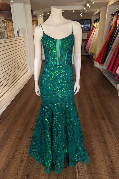 Stunning Mermaid Spaghetti Straps Dark Green Sequin Appliques Prom Dress VL011701