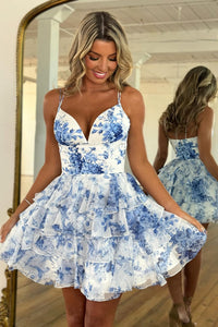 Cute A Line V Neck Floral Chiffon Short Homecoming Dress VL1062104