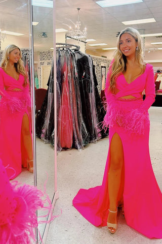 Hot Pink V Neck Long Sleeves Cutout Mermaid Long Prom Dress VL012302