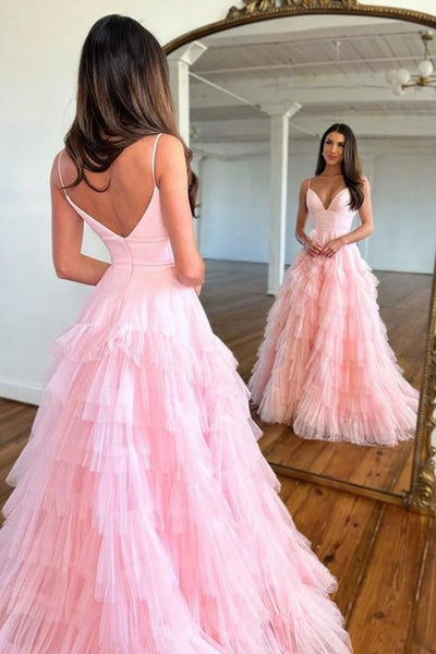 A Line Spaghetti Straps Light Pink Long Prom Dress with Ruffles VL011218