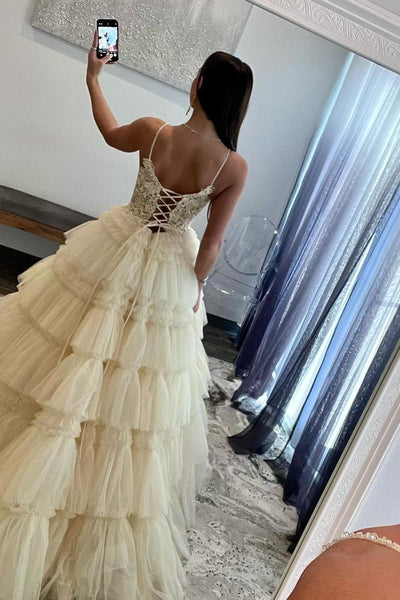 Champagne V Neck Ruffle Tiered Long Prom Dress VL012609