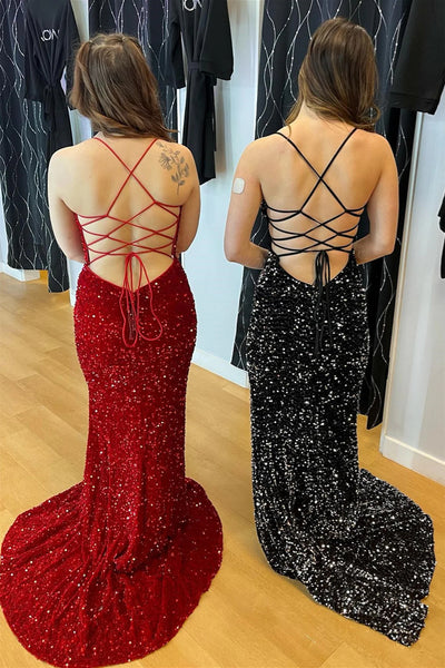 Red Mermaid Lace-Up Sequins Long Prom Dress VL011621