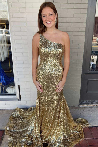 Gold Sequin One-Shoulder Trumpet Long Prom Dress VL012210