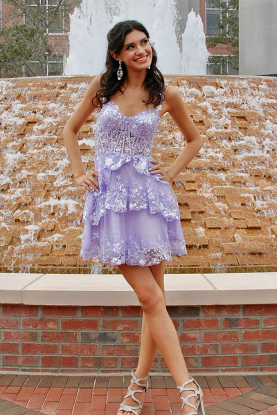 Lavender Sequin Lace Ruffle Tiered A-Line Short Homecoming Dresses VK24091002