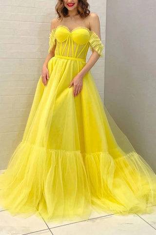 A Line Off the Shoulder Yellow Corset Prom Dress VL011334