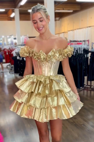 A-Line Off the Shoulder Gold Tiered Homecoming Dresses with Ruffles VL24080310