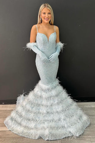 Light Blue Sequins V Neck Feathered Mermaid Long Prom Dresses VL022705