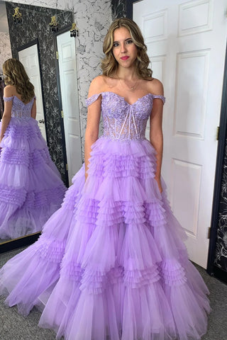 Lavender Off-Shoulder Floral A-line Layers Long Prom Dress VL0112007