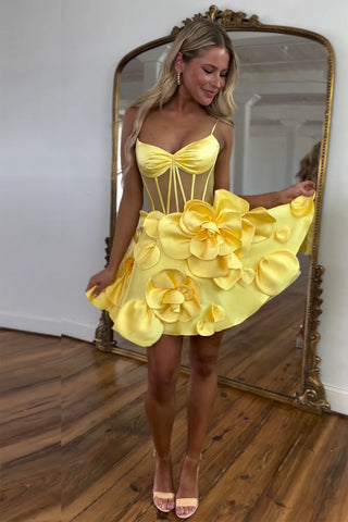 Spaghetti Straps Yellow Satin Short Homecoming Dresses with 3D Flowers VL4053101