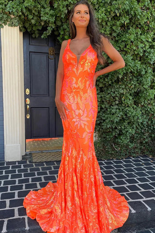 Cute Mermaid V Neck Orange Sequins Long Prom Dress VL122301