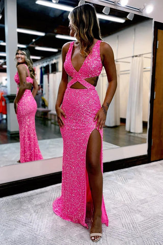 Hot Pink Sequins Hollow-Out Mermaid Long Prom Dress VL011230