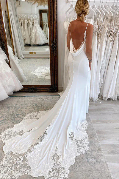 Simple Elegant Mermaid V Neck Long Wedding Dresses with Appliques VL24102009