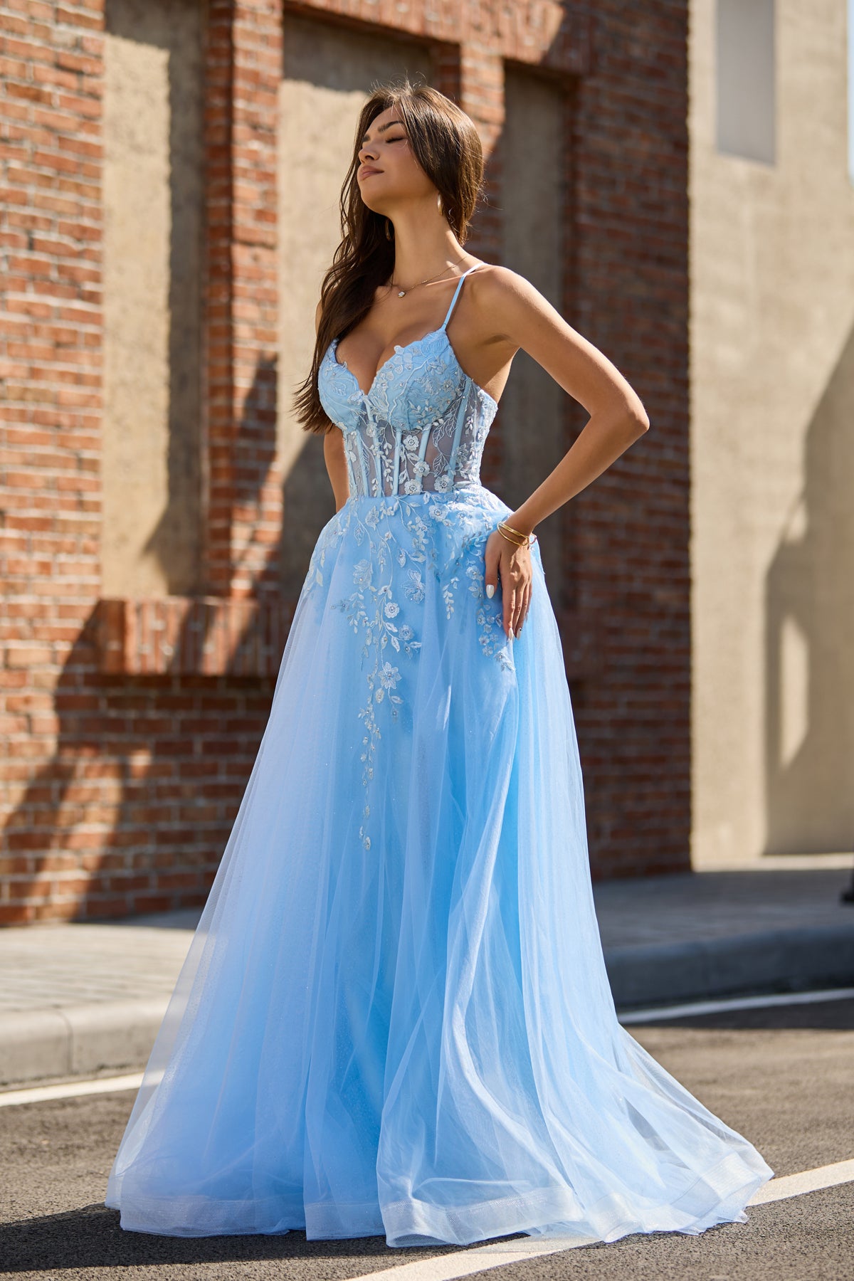 A Line V Neck Light Blue Tulle Slit Prom Dress with Appliques