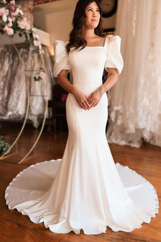 Elegant Mermaid Square Neck White Soft Satin Wedding Dresses VL021705