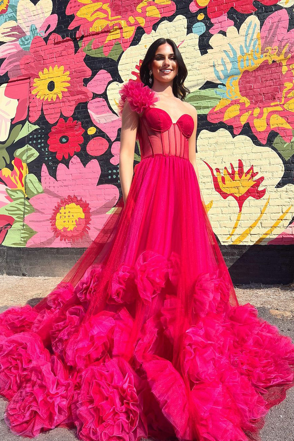 Cute Ball Gown Sweetheart Red Tulle Prom Dresses AB24102814