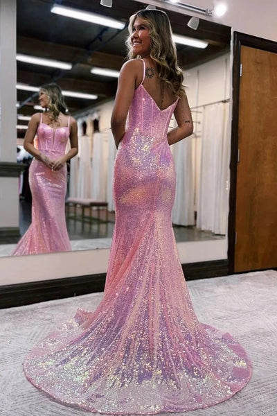 Sparkly Pink Sequin Long Mermaid Corset Prom Dress VL011419