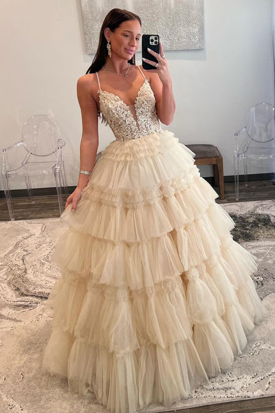 Champagne V Neck Ruffle Tiered Long Prom Dress VL012609