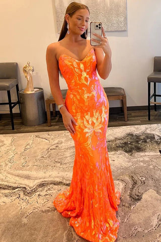 Sparkly Orange Sequin Sweetheart Lace-Up Back Long Prom Dress VL011350