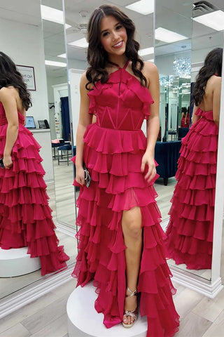 Red Halter Ruffle Tiered Chiffon Prom Dress with Slit VL012206