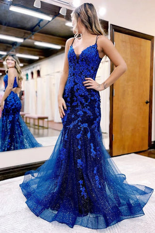 Mermaid Spaghetti Straps Dark Blue Long Prom Dress with Appliques VL011223