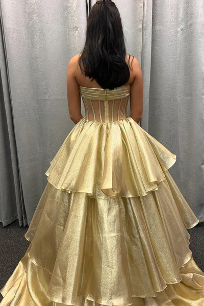 Gorgeous Ball Gown Gold Organza Tiered Long Prom Dresses with Bow VL24120902