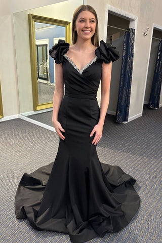 Mermaid V Neck Black Satin Long Prom Dress with Beading VL020804