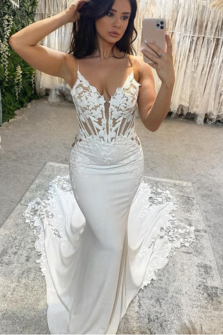 Elegant Mermaid V Neck Elastic Satin Long Wedding Dresses with Appliques VL24101105