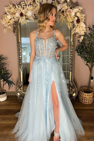 Light Blue Scoop Neck Tulle Lace Long Prom Dresses VL011917