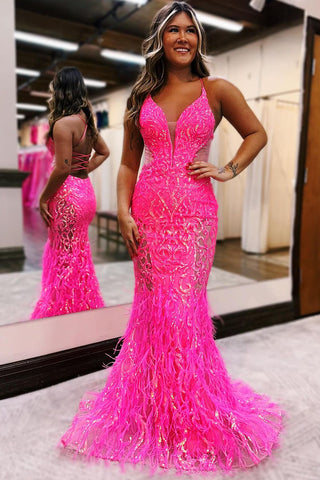 Charming Mermaid V Neck Hot Pink Sequins Long Prom Dress with Feather VL010302