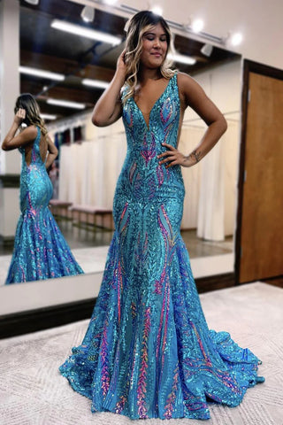 Mermaid V Neck Blue Sequins Lace Long Prom Dress VL011249