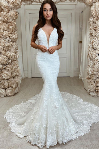 Elegant Mermaid Deep V Neck Lace White Long Wedding Dress VLWD011401