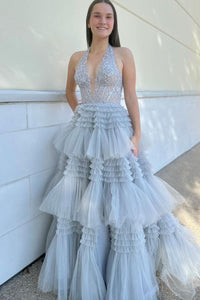 Cute Ball Gown Halter Neck Tiered Tulle Prom Dress VL010702