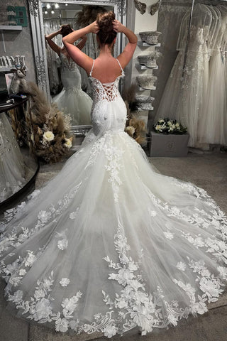 Elegant Mermaid Deep V Neck Tulle Wedding Dress with Appliques VL010705