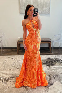 Orange Sequins Mermaid Halter Mermaid Long Prom Dresses VL022604