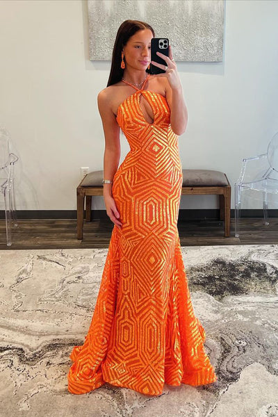 Orange Sequins Mermaid Halter Mermaid Long Prom Dresses VL022604