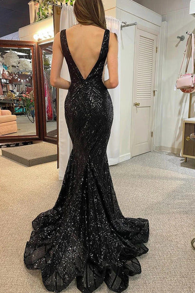 Mermaid Deep V Neck Black Sequins Long Prom Dress with Open Back VL011402